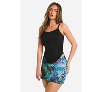 Womens Printed Textured Mesh Mini Skirt - Blue - 10, Blue