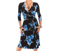 Women's Printed Three Quarter Sleeve Knee Length Wrap Dress - Blue Floral Size 16