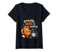 Women's Probably Late for Something Funny Cat V-Neck T-Shirt