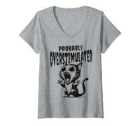 Womens Probably Overstimulated Cat Funny Overthinking Mental Health V-Neck T-Shirt