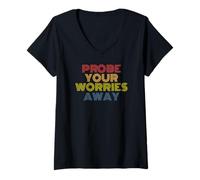 Women's Probe Your Worries Away Pun UFO Fan Retro V-Neck T-Shirt