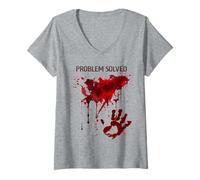 Womens Problem Solved Bloody Shirt Blood Stained Horror Zombie V-Neck T-Shirt