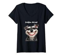 Women's Problem Solved SAYS Schnauzer Dog with Huge GRIN Big Teeth V-Neck T-Shirt