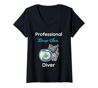 Women's Professional deep sea Diver Scuba Kitty cat with Fish Bowl V-Neck T-Shirt
