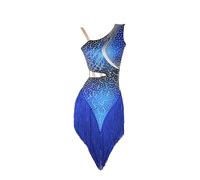 Women's Professional Latin Dance Dresses Cha Cha Competition Costume Salsa Ballroom Dancewear Asymmetric Hem Skirt,Blue,XL
