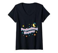 Women's Professional Napper Bubble Letter Pixel Moon V-Neck T-Shirt