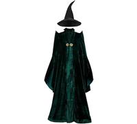Womens Professor Mcgonagall Costume and Hat Witch Cosplay Green Robe Cloak Halloween Wizard Outfit, Green, Medium