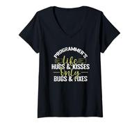 Women's Programmer's Life Hugs & Kisses Only Bugs & Fixes V-Neck T-Shirt