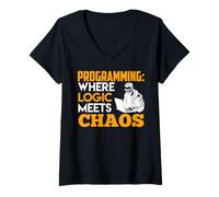 Womens Programming Where Logic Meets Chaos Funny Programmer V-Neck T-Shirt