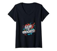 Women's Progress Mindset Innovation Gear Motivation Graphic V-Neck T-Shirt
