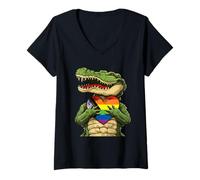 Womens Progress Pride Flag Heart LGBT Crocodile LGBTQ+ Alligator V-Neck T-Shirt