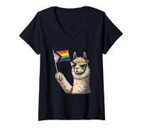 Women's Progress Pride Flag LGBTQ+ Llama Progressive Pride Flag V-Neck T-Shirt