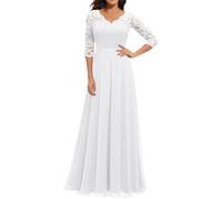 Women's Prom Dress Lace Chiffon V Neck Half Sleeve Vintage Empire Waist A Line Elegant Evening Dresses Wedding Dress Formal Evening Dresses Bridesmaid Dress White