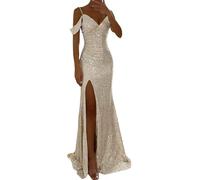 Women's Prom Dress Party Dresses for Women UK Sequin Maxi Dress Off Shoulder Short Sleeve Floor Length Evening Dress Sequins Side Slit Wedding Guest Evening Party Dress Cocktail Prom (12-Rose Gold, L)