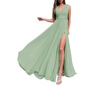 Women's Prom Dress with Split Chiffon Spaghetti Strap A-Line V Neck Evening Party Dress Sage Green UK24