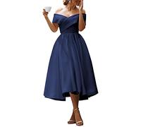 Women's Prom Dresses Ball Gown Satin Formal Dress Off The Shoulder Evening Gowns Wedding Guest Dress with Pockets Navy Blue UK8