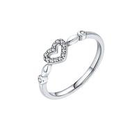 Womens Promise Ring, Stacking Ring Heart Hollowed Out with Round Shape Moissanite 14K White Gold Size S 1/2
