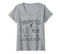 Womens Promoted From Cat Mom to Human Mom Pregnancy Announcement V-Neck T-Shirt
