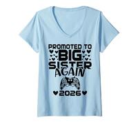 Womens Promoted To Big Sister Again 2026 Baby Announcement Sibling V-Neck T-Shirt