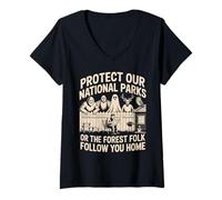 Women's Protect National Parks Awareness Cryptid Bigfoot Forest Folk V-Neck T-Shirt