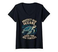 Womens Protect Our Oceans Save The Sea Turtles Marine Life Animal V-Neck T-Shirt