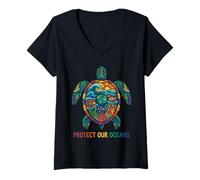 Women's Protect Our Oceans Turtle Ocean Conservation V-Neck T-Shirt