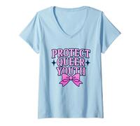Womens Protect Queer Youth Bold Varsity Bow Design V-Neck T-Shirt