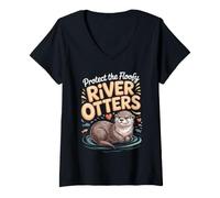 Women's Protect the Floofy River Otters Otter V-Neck T-Shirt