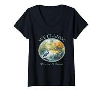 Women's Protect Wetlands Blue Ecology Great Heron Art Bird Watching V-Neck T-Shirt