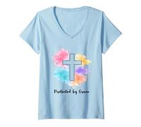 Women's Protected By Grace Jesus Watercolor Cross Christianity V-Neck T-Shirt