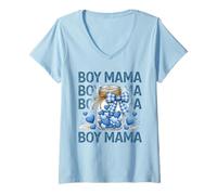 Women's Proud Boy Mama Blue Hearts Mason Jar Gingham Bow V-Neck T-Shirt