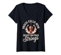 Women's Proud Cello Mom Heart On Four Strings V-Neck T-Shirt