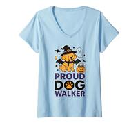 Womens Proud Dog Walker Halloween Jack-o’-Lantern Design V-Neck T-Shirt