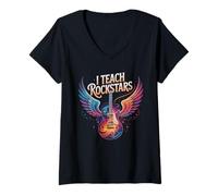 Womens Proud I Teach Rock Stars Teacher Band Camp Choir Inspire Gym V-Neck T-Shirt