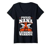 Womens Proud Nana Of A Leukemia Warrior Grandma Awareness Ribbon V-Neck T-Shirt