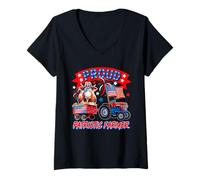 Womens Proud Patriotic Farmer Cow On Tractor 4th Of July US Flag V-Neck T-Shirt