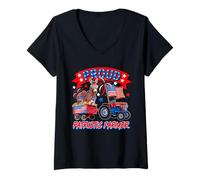 Womens Proud Patriotic Farmer Donkey On Tractor 4th Of July US Flag V-Neck T-Shirt