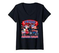 Womens Proud Patriotic Farmer Goat On Tractor 4th Of July US Flag V-Neck T-Shirt