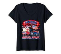 Womens Proud Patriotic Farmer Sheep On Tractor 4th Of July US Flag V-Neck T-Shirt
