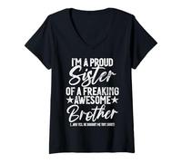 Womens Proud Sister of A Freaking Awesome Brother Funny Siblings V-Neck T-Shirt