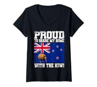 Womens Proud to Share My Home with The Kiwi New Zealand Kiwi V-Neck T-Shirt