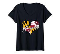 Womens Proud US Citizen Maryland Tee State Map Flag Heart Annapolis V-Neck T-Shirt