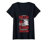 Womens Proud Veteran I Stand For Our Flag I Kneel For The Cross V-Neck T-Shirt