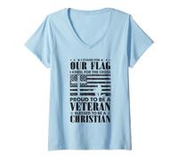 Womens Proud Veteran I Stand For Our Flag I Kneel For The Cross V-Neck T-Shirt