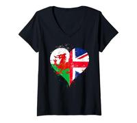 Womens Proud Welsh Flag and Vintage Union Jack I Love Wales UK V-Neck T-Shirt