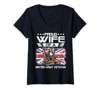 Womens Proud Wife of British Veteran Flag UK Family Matching V-Neck T-Shirt