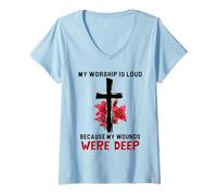Women's Psalm 147:3 My Worship is Loud Because Wounds were Deep V-Neck T-Shirt