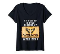Women's Psalm 147:3 My Worship is Loud Because Wounds were Deep V-Neck T-Shirt