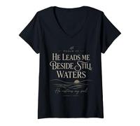 Women's Psalm 23 He Leads Me Beside Still Waters Scripture V-Neck T-Shirt
