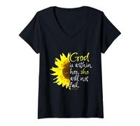 Womens Psalm 46:5 God is Within Her She Will Not Fail Sunflower V-Neck T-Shirt